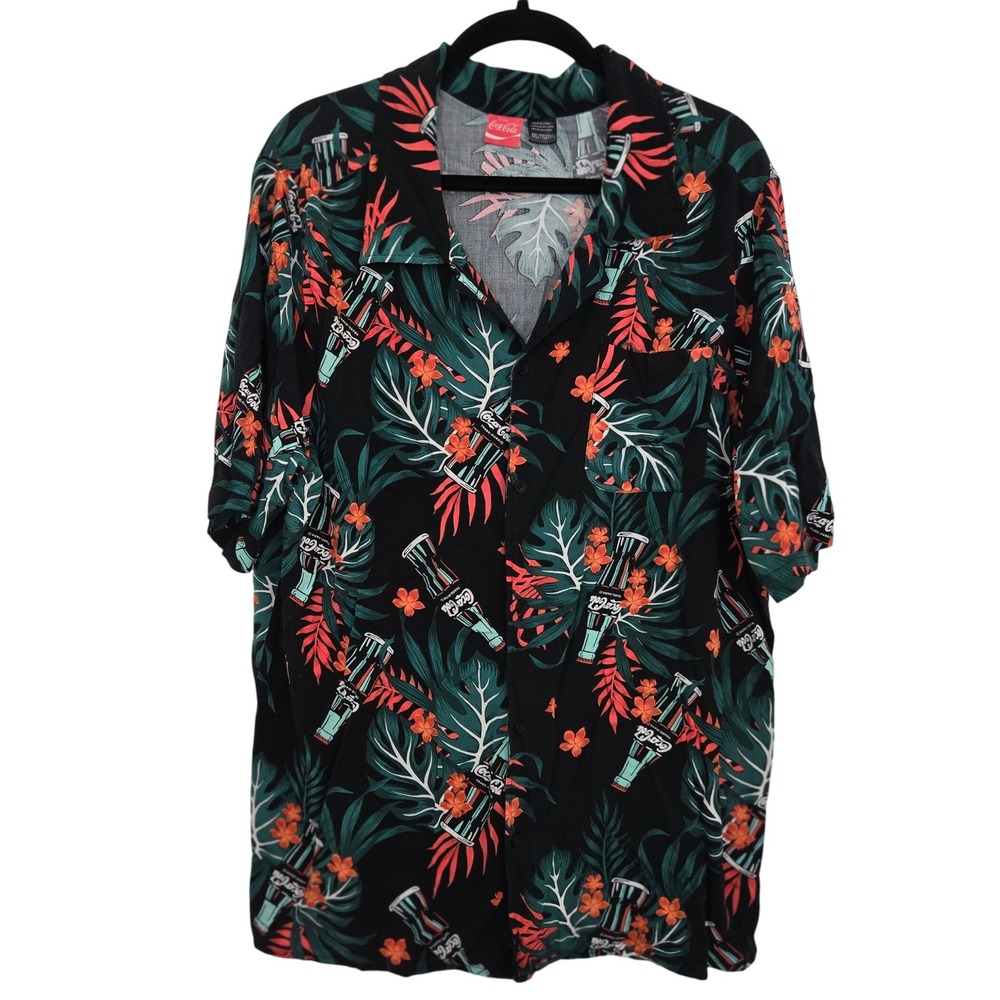 Coca Cola Mens XXL Hawaiian Shirt‎ Aloha Tropical Print 100% Rayon Retro
